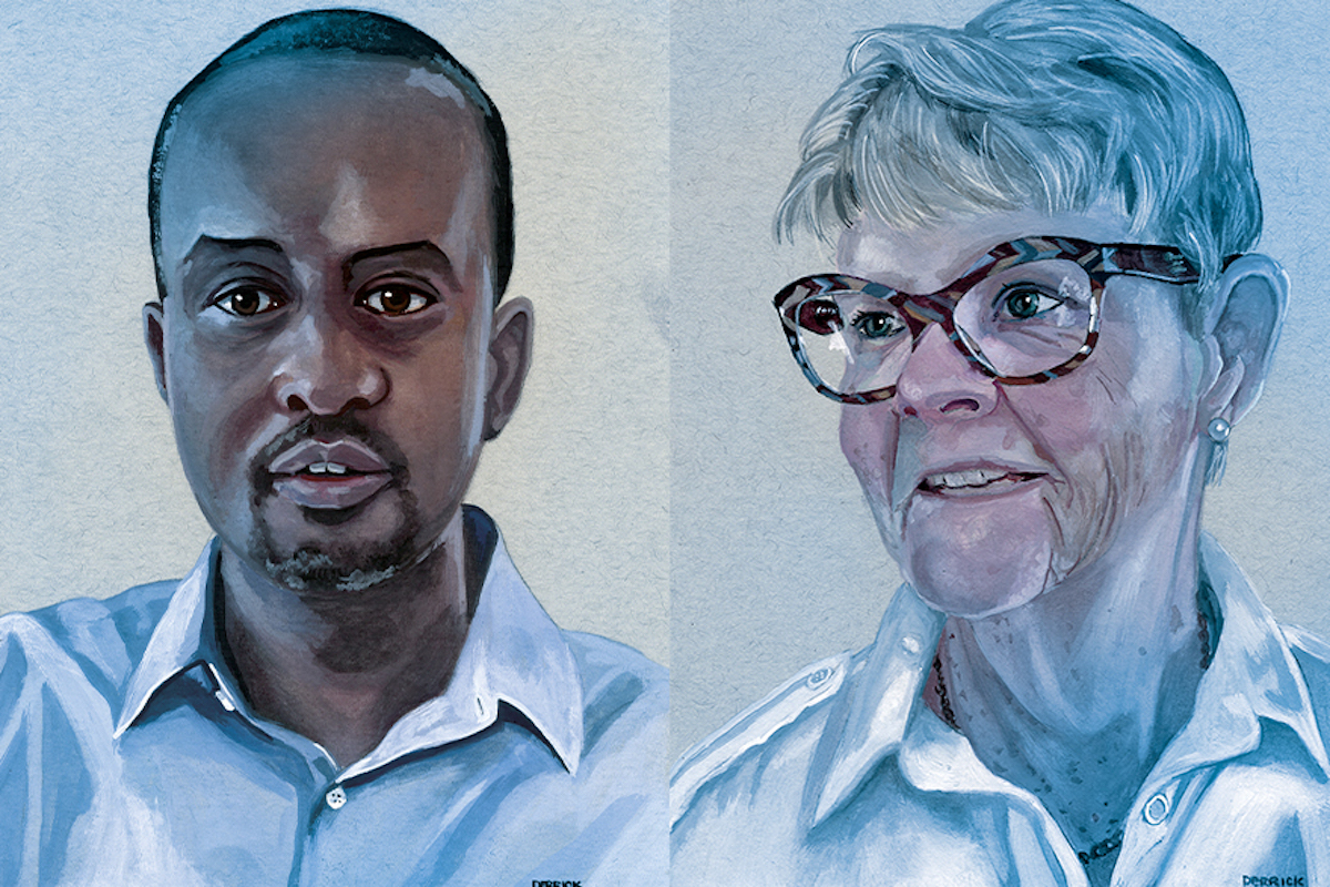 painted portraits of Queen's nursing alumni Adan Abdi (left) and Sue Williams (right)