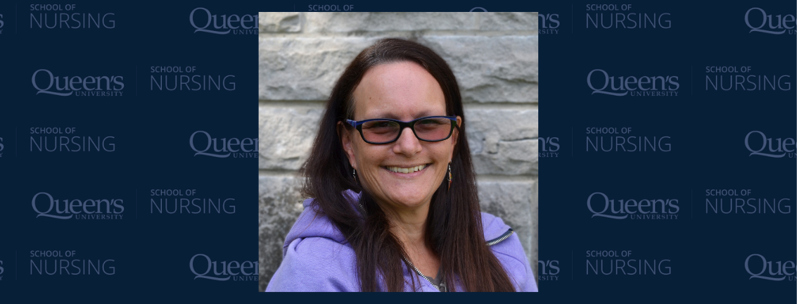Blue background with School of Nursing logo printed across it. Centered is a headshot of Dr. Mary Smith 