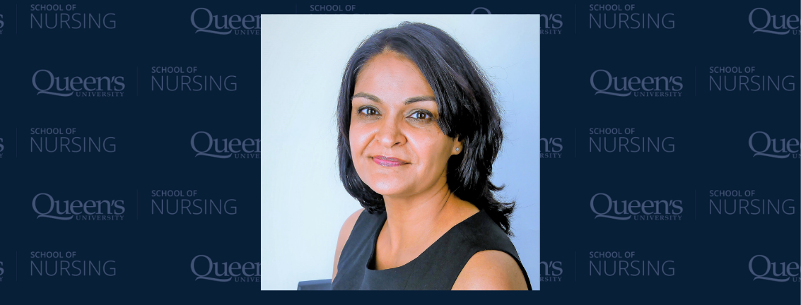 Headshot of Dr. Mona Sawhney on a navy blue background with the School of nursing logo