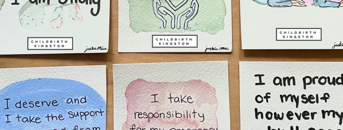 Affirmation cue cards providing labour support. Cards are hand painted and illustrated with water colours