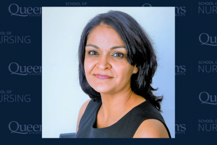 Headshot of Dr. Mona Sawhney on a navy blue background with the School of nursing logo