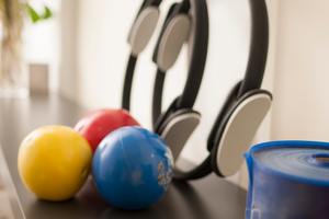 physiotherapy exercise equipment, including exercise balls and resistance bandsbands