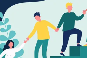 Drawing of people helping each other go up a stairwell